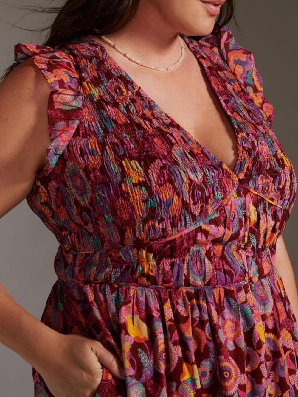 Anthropologie Peregrine Burgundy Floral Midi Dress with Ruffled Shoulders - Picture 3 of 11